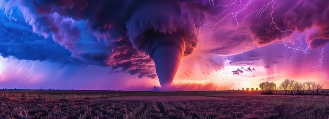 A dramatic tornado forms under a vibrant sky filled with lightning and colorful clouds.