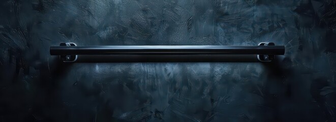 A sleek black handrail against a textured dark wall, emphasizing modern design.