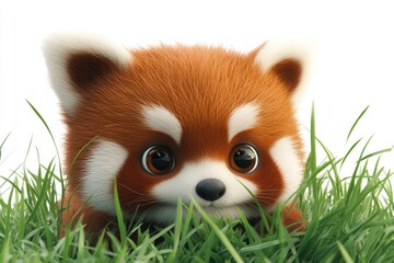 Obraz premium Adorable red panda cub peeking from lush green grass, captivating eyes.
