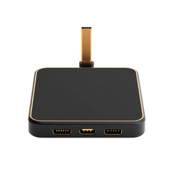 Sleek black gold USB C hub with HDMI ports studio shot on transparent background