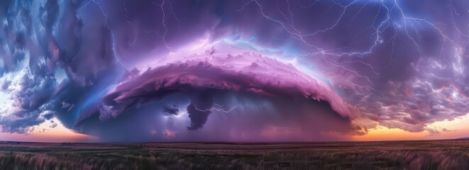 A dramatic storm cloud illuminated by lightning, showcasing vibrant colors at sunset.