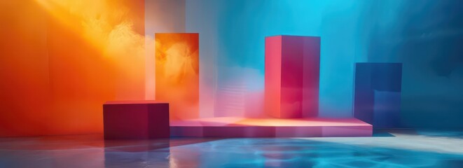 Abstract scene with colorful geometric shapes and soft lighting effects.