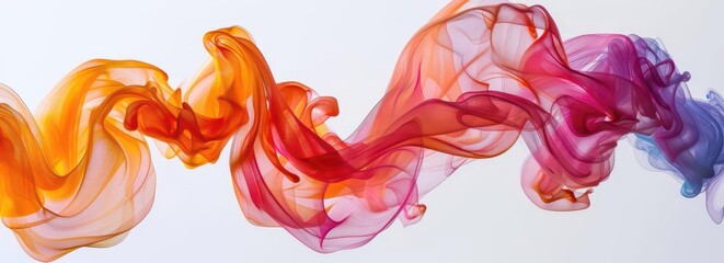 Abstract colorful wisps of translucent fabric flowing gracefully across a light background.