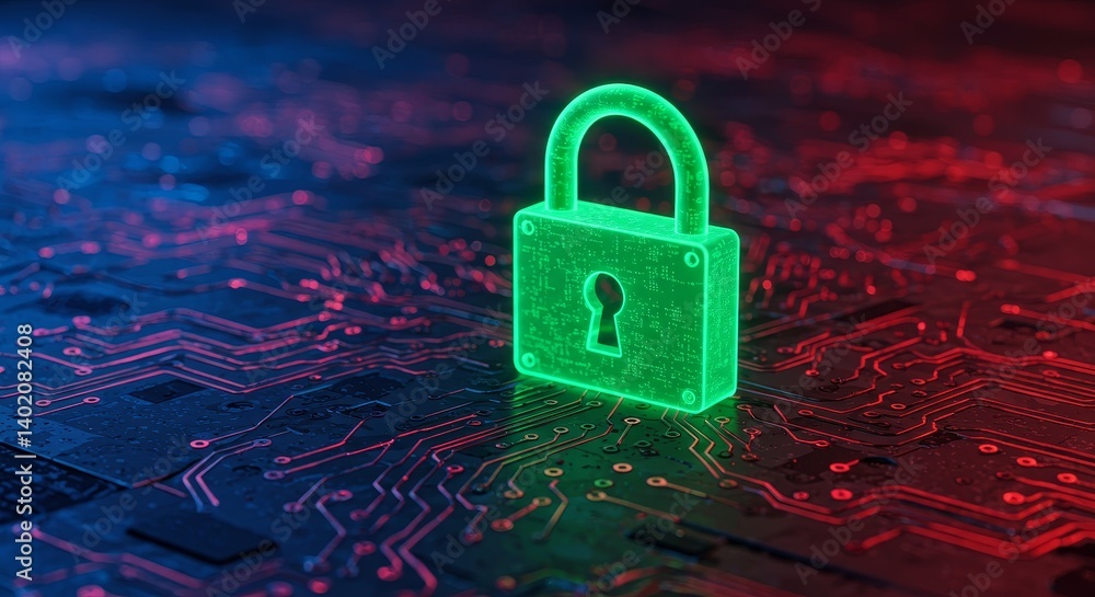 Poster security lock on circuit board - a glowing green padlock rests on a circuit board, symbolizing secur