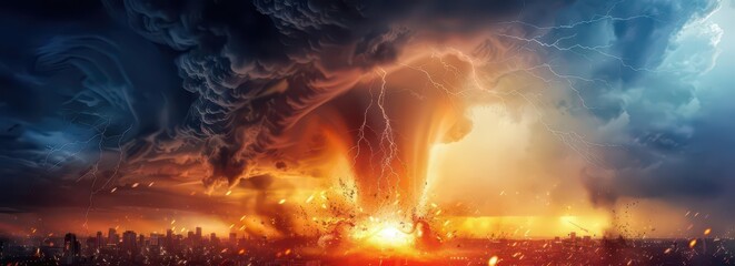 A dramatic scene depicting an explosion amidst dark, stormy clouds and lightning.
