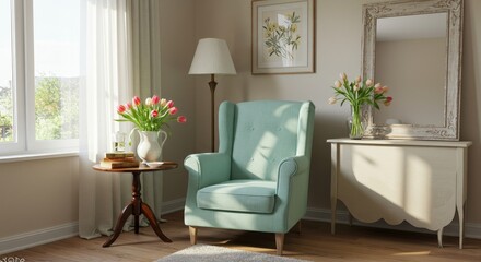 Serene Living Room Corner - A tranquil living room scene featuring a light teal armchair, side table with tulips, and a vintage- mirror. Sunlight streams in through a window