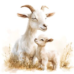 White Goat and Kid in a Field Watercolor Painting