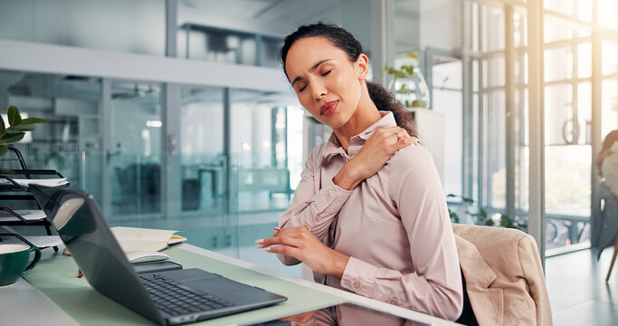Business, employee and woman with shoulder pain, laptop and secretary with poor posture or injury. Burnout, receptionist and person with tech for project, muscle tension and inflammation in office