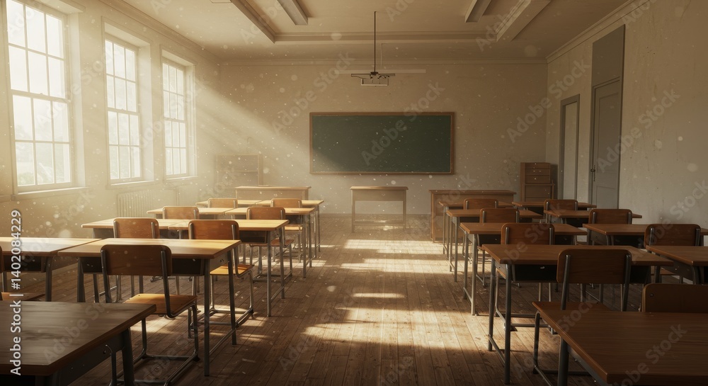 Poster sunlit classroom: empty desks and warm light - an empty classroom bathed in sunlight, symbolizing po