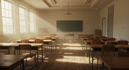 Fototapeta premium Sunlit Classroom: Empty Desks and Warm Light - An empty classroom bathed in sunlight, symbolizing potential, knowledge, growth, learning, and new beginnings. Wooden desks, a chalkboard