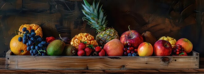 A vibrant assortment of fresh fruits arranged in a wooden tray.