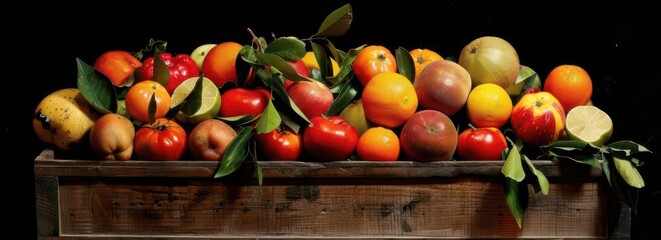 A vibrant assortment of fresh fruits displayed in a wooden crate.