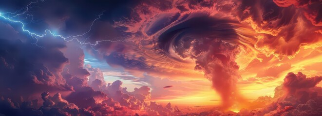 A dramatic sky with swirling clouds, lightning, and vibrant colors at sunset.