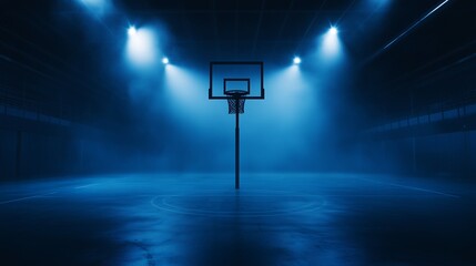 Dramatic Dark Blue Basketball Court Illuminated by Spotlights Perfect for Capturing Pre-Game Tension in an Indoor Arena .Generative AI