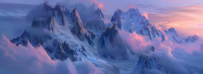 Serene mountain landscape bathed in soft pastel colors and misty clouds at sunset.