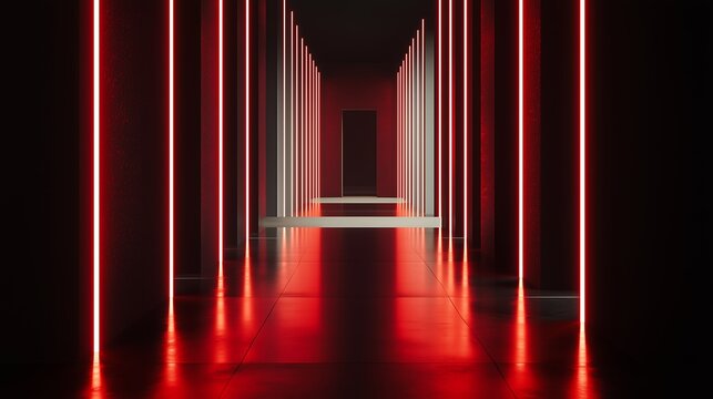 Red Glowing Neon Line in Dark Room, Offering Text Space with Futuristic Laser Effect. Generative AI