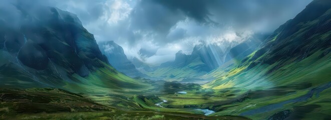 A breathtaking valley surrounded by mountains, illuminated by soft rays of sunlight.