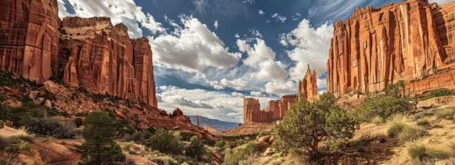A scenic view of red rock formations under a dramatic sky, showcasing natural beauty.