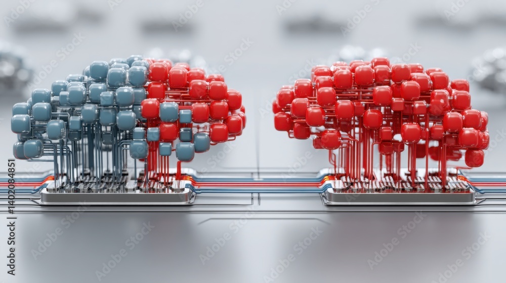 Poster group of red and blue robots symbolizing american and chinese ai collaboration and competition in te