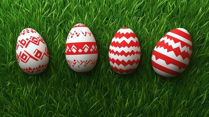 Four decorated easter eggs on a grassy surface.
