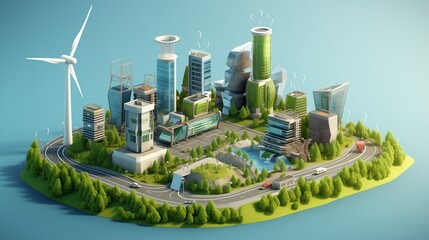 Isometric 3D illustration of a sustainable city with green buildings, solar panels, and eco-friendly infrastructure.