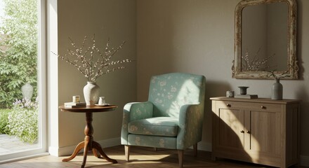 Tranquil Corner Sitting Room Design - A serene room setting featuring a floral armchair, side table, and antique mirror, bathed in natural sunlight. Perfect for relaxation