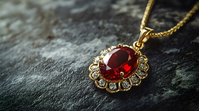 detailed macro shot of ruby pendant in golden setting, surrounded by diamonds on textured surface