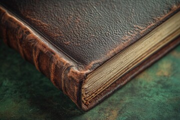 Obraz premium Close-up of an antique leather-bound book, showing age and texture.
