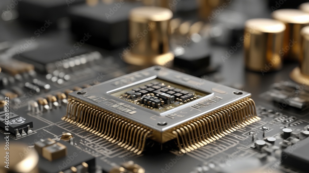 Poster close-up of a cpu chip showcasing the intricacies of autonomous chip assembly in technological devel