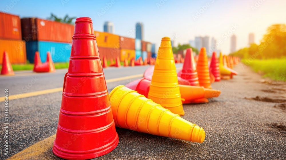 Poster two traffic cones positioned at a checkpoint representing autonomous ships locked in a modern transp
