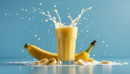 Glass of banana juice with milk splash and droplets on light blue background