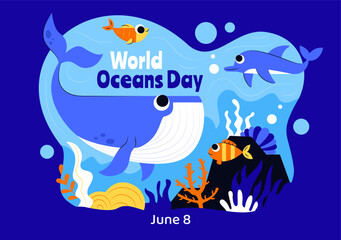World Oceans Day Vector Illustration to Help Protect and Conserve the Ocean, Marine Life, Ecosystems, and Sea Plants in a Flat Cartoon Background