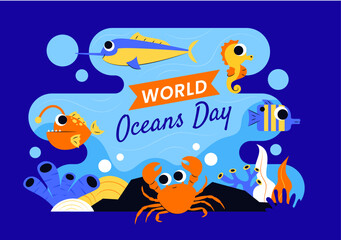 Naklejka premium World Oceans Day Vector Illustration to Help Protect and Conserve the Ocean, Marine Life, Ecosystems, and Sea Plants in a Flat Cartoon Background