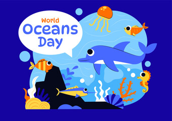World Oceans Day Vector Illustration to Help Protect and Conserve the Ocean, Marine Life, Ecosystems, and Sea Plants in a Flat Cartoon Background