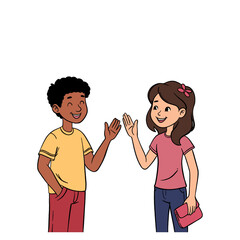 cartoon illustration of a boy talking to a girl on a white background