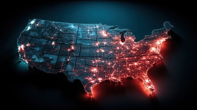 A glowing map of the united states highlighting red and blue breach points in the usa china cyber conflict