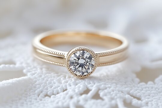 A romantic gold band with a vintage milgrain edge and a central diamond, set on a white lace doily. - Powered by Adobe