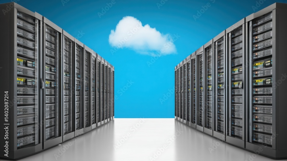 Poster cloud representation in a server room illustrating the concept of modern computing and data storage
