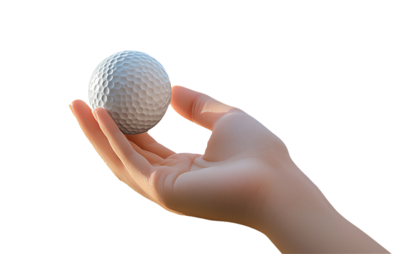 woman’s hand holding a golf ball between her index finger and thumb isolated on white