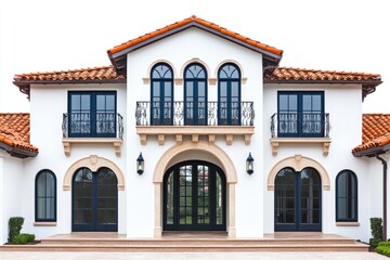 Mediterranean style house with terracotta roof, arched windows and doors, and ornate balcony.