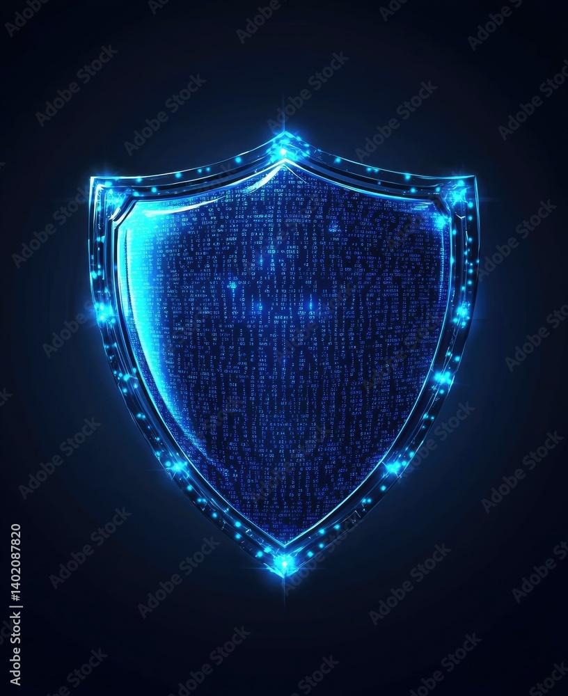 Poster a glowing digital shield symbolizing cybersecurity. set against a dark background filled with shimme