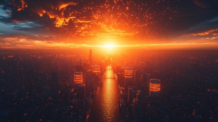 Obraz premium Fiery Sunset Over Cityscape: A Digital Masterpiece