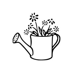 simple garden watering pot with blooms line art