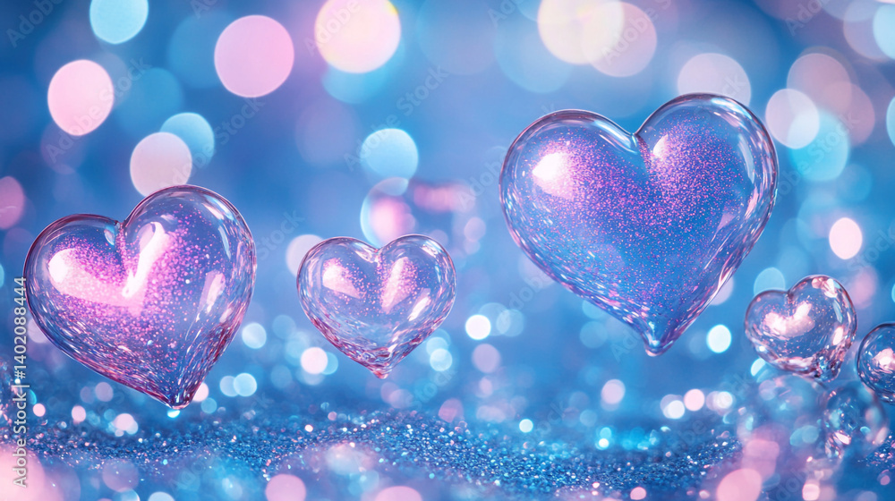 Poster crystal hearts floating on a sparkling surface with a soft blue and pink bokeh background glow