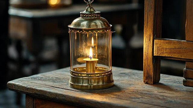 Antique brass lantern with lit candle on wooden surface