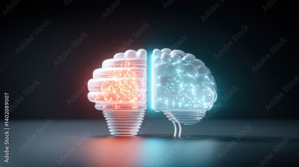 Aufkleber light bulb with a brain inside half red and half blue representing the technological rivalry between