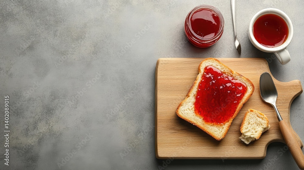 Poster a single slice of bread covered with glossy jelly on wooden board, surrounded by minimal breakfast t