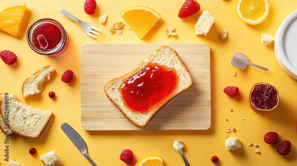 Poster a single slice of bread covered with glossy jelly on wooden board, surrounded by minimal breakfast t