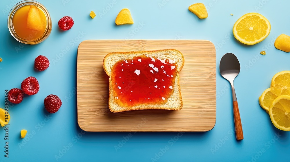 Poster a single slice of bread covered with glossy jelly on wooden board, surrounded by minimal breakfast t