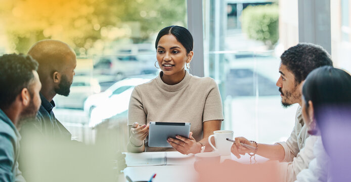 Meeting, tablet and business people planning, communication and brainstorming for digital agency. Online, ideas and workflow discussion of manager or woman talking to team in creative glass or window